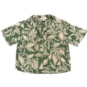 C by One Green Cream Retro Cropped Button Up Short Sleeve Small Hippie Leafy